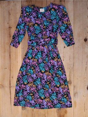 VTG Pellini Von Bramlett Women 4 S A Line Dress Multi Bright Floral Belted 90s